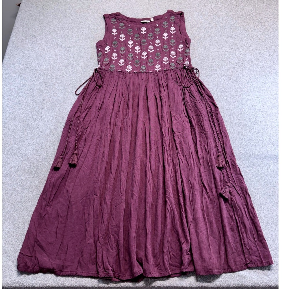 MAX Women's S Purple Embroidered Rayon Maxi Dress Tassel Tie Boho Peasant Chic